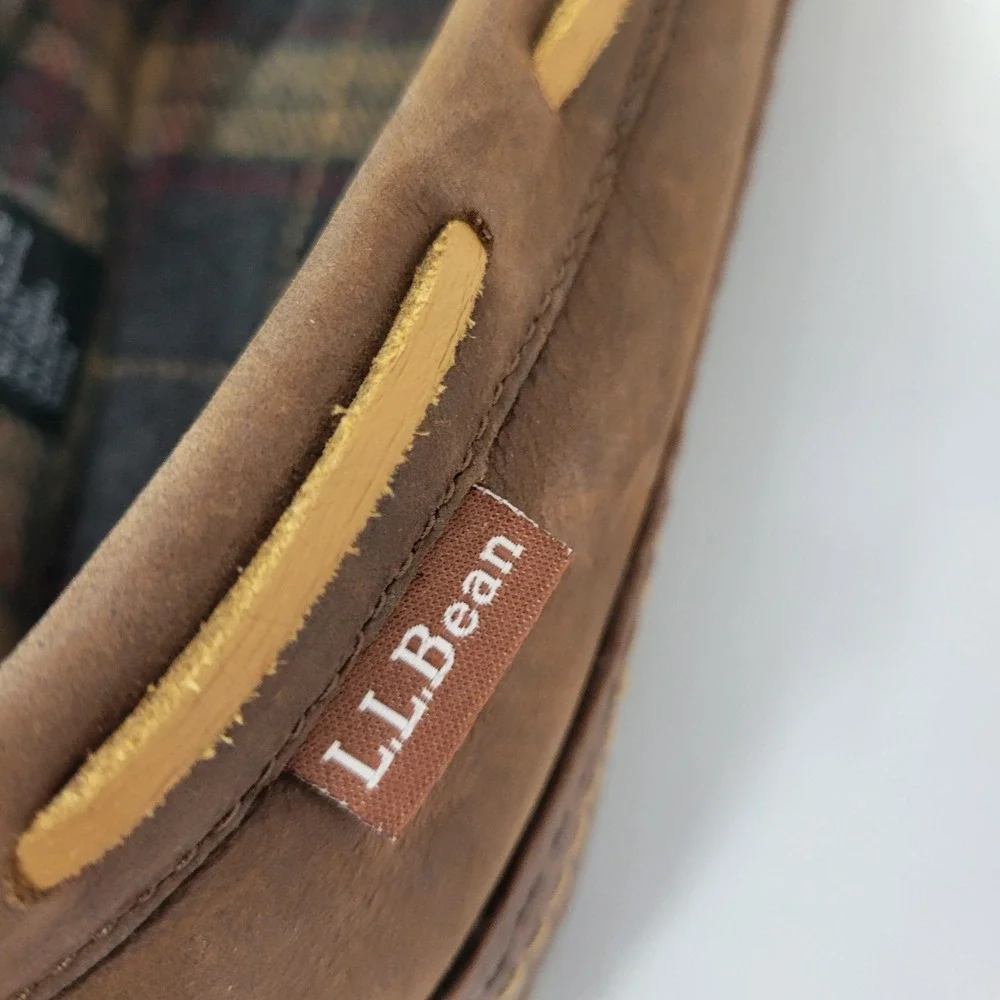LL Bean Mens Brown‎ Leather Moccasin Slippers Cozy Plaid Lined Size 9
